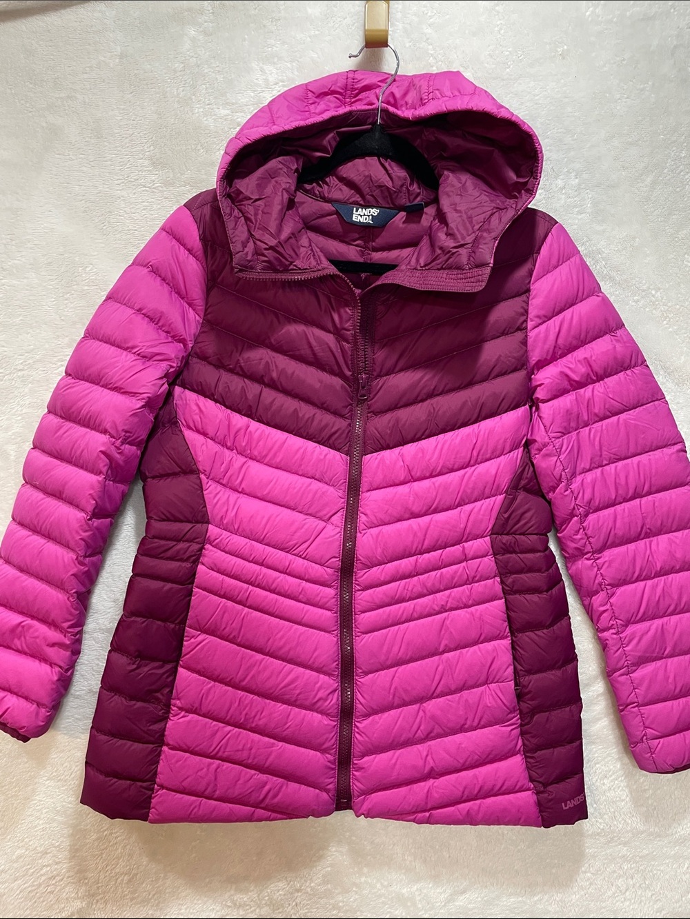 Lands' End Down Jacket Women’s Small Two-Tone Pink Hooded Packable Magenta